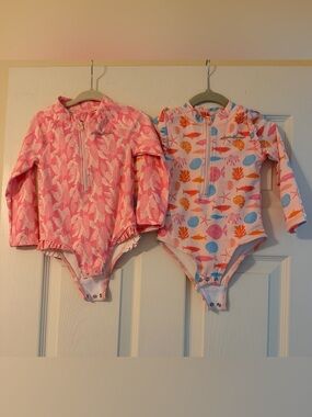Eddie Bauer floral and beach swimsuits with matching hats
